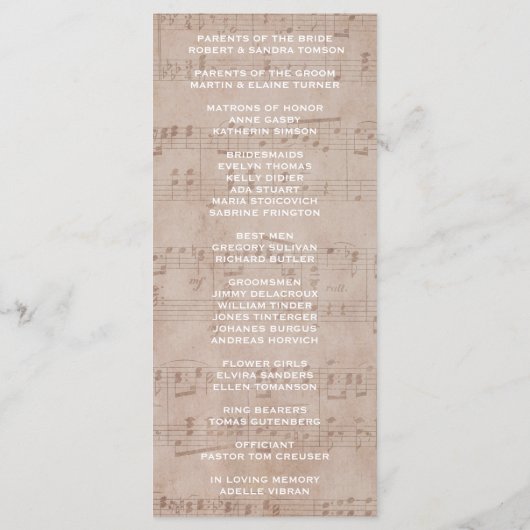 Aangepast programma voor het weduwen op muziekbla programmakaart (Achterkant)