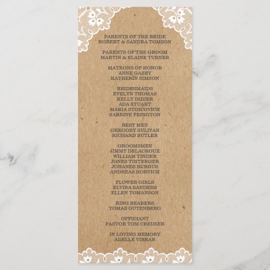 Aangepast programma voor  Lace Craft Weddenschap Programmakaart (Achterkant)