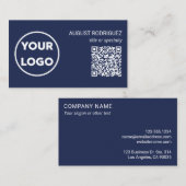 Aangepast QR Code Business Logo Moderne Navy Blue Visitekaartje (Voorkant / Achterkant)