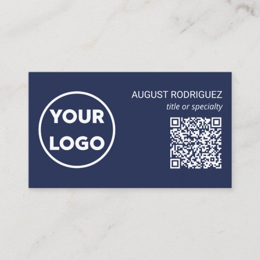 Aangepast QR Code Business Logo Moderne Navy Blue Visitekaartje (Voorkant)