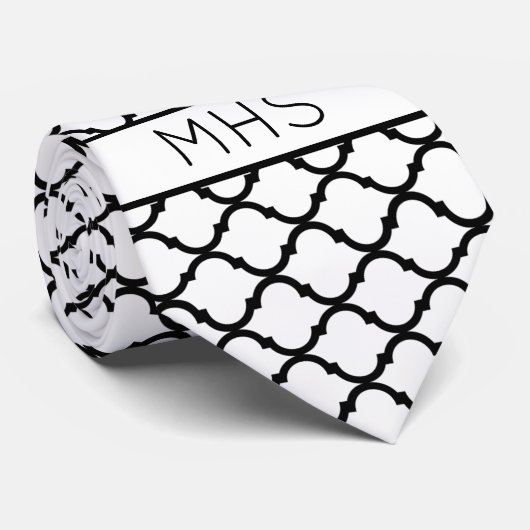 Aangepast Quatrefoil Geometric Monogram White Blac Stropdas (Opgerold)