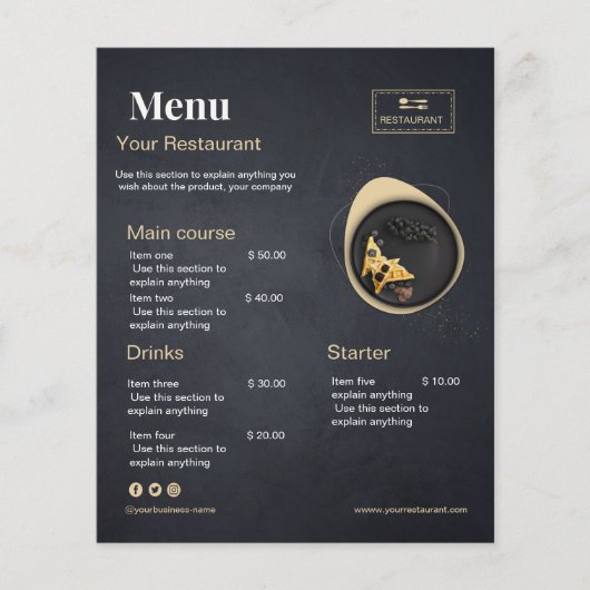 Aangepast restaurantmenu | Zwarte moderne fotomenu Flyer (Voorkant)