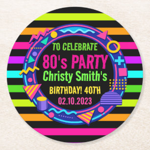 Aangepast Retro Neon 80's Verjaardagsfeestje Ronde Kartonnen Onderzetter