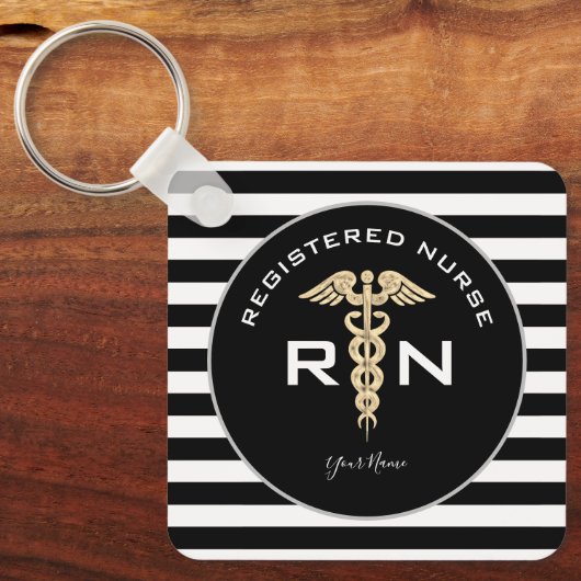 Aangepast RN Nurse Modern Black Gold Sleutelhanger (Voorkant)