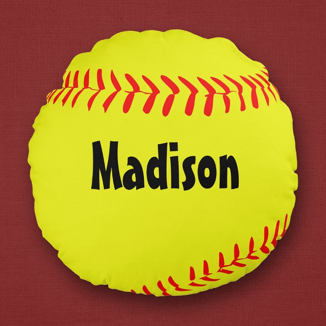 Aangepast rondje Softball Pillow Rond Kussen (Personalized round softball pillow with custom player name or text.)