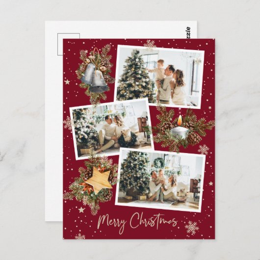 Aangepast rood 3 fotocollage kerst briefkaart (Voorkant / Achterkant)