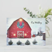 Aangepast rood Barn Winter Weddenschap Kaart (Staand voorkant)