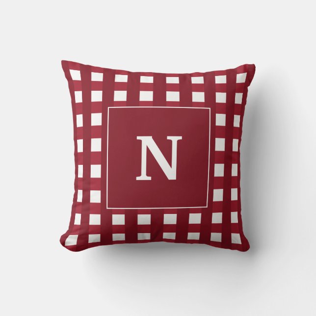 Aangepast rood en wit monogram karostof kussen (Voorkant)
