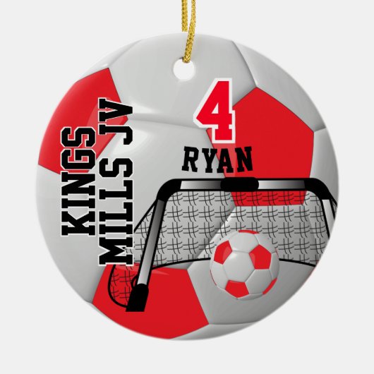 Aangepast rood en wit Voetbal personaliseren Keramisch Ornament (Voorkant)