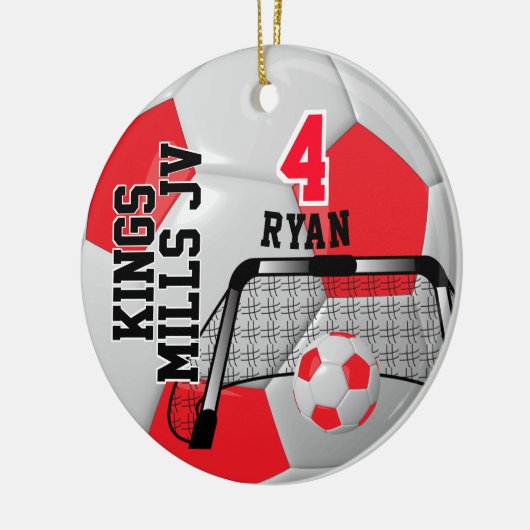 Aangepast rood en wit Voetbal personaliseren Keramisch Ornament (Links)