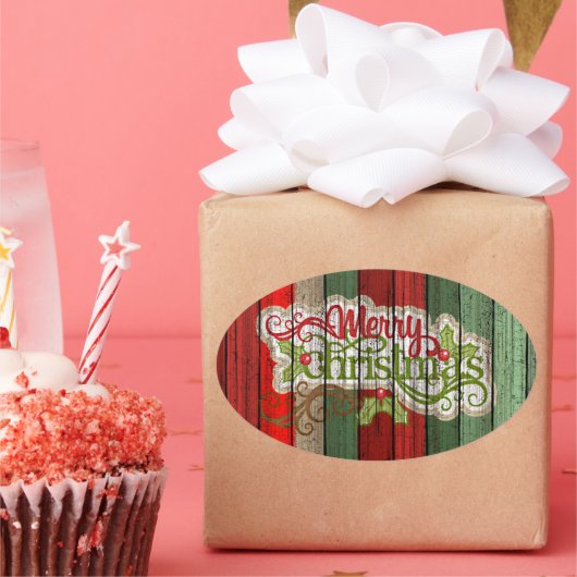 Aangepast rood groen weerspatroon met hout ovale sticker (Feest)