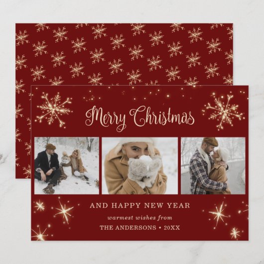 Aangepast rood met snowflake fotocollage feestdagenkaart (Voorkant / Achterkant)