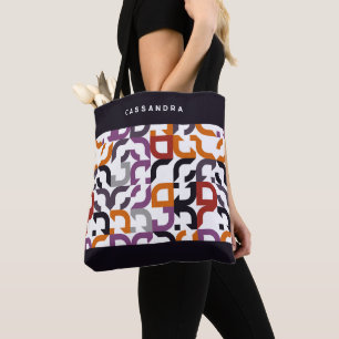 Aangepast rood paars oranje zwart retro kunstpatro tote bag