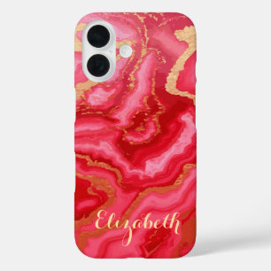 Aangepast rood & roze marmer met goud iPhone 16 hoesje