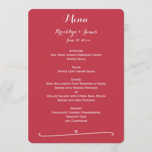 Aangepast rood trouwmenu met hart menu (Voorkant)