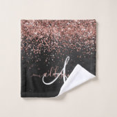 Aangepast Roos Gold Glitter Black Sparkle Monogram Bad Handdoek (Wasdoekje)