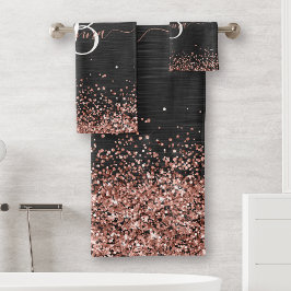 Aangepast Roos Gold Glitter Black Sparkle Monogram Bad Handdoek