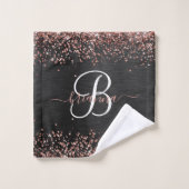 Aangepast Roos Gold Glitter Black Sparkle Monogram Bad Handdoek (Wasdoekje)