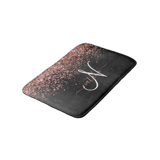 Aangepast Roos Gold Glitter Black Sparkle Monogram Badmat (Gekanteld)