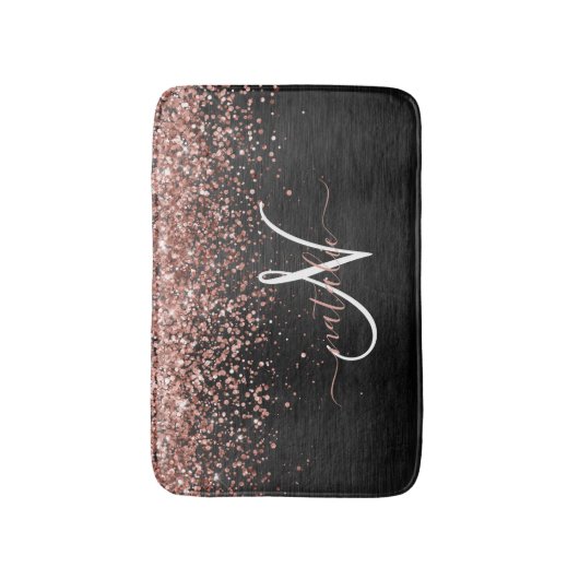 Aangepast Roos Gold Glitter Black Sparkle Monogram Badmat (Voorkant Verticaal)