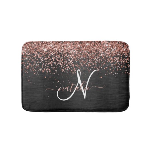 Aangepast Roos Gold Glitter Black Sparkle Monogram Badmat (Voorkant)
