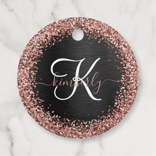Aangepast Roos Gold Glitter Black Sparkle Monogram Bedankjes Labels (Achterkant)