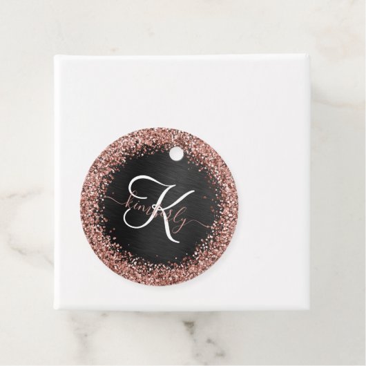 Aangepast Roos Gold Glitter Black Sparkle Monogram Bedankjes Labels (In situ)