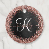 Aangepast Roos Gold Glitter Black Sparkle Monogram Bedankjes Labels (Voorkant)