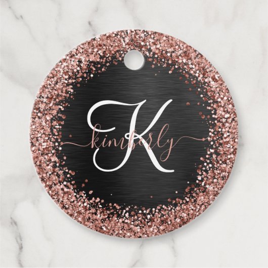 Aangepast Roos Gold Glitter Black Sparkle Monogram Bedankjes Labels (Voorkant)