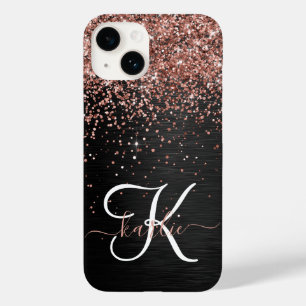 Aangepast Roos Gold Glitter Black Sparkle Monogram Case-Mate iPhone 14 Hoesje