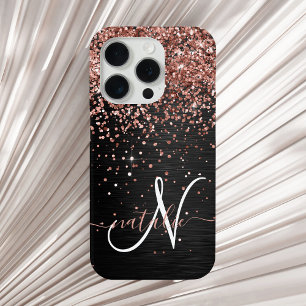 Aangepast Roos Gold Glitter Black Sparkle Monogram iPhone 15 Pro Case