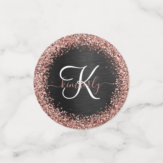 Aangepast Roos Gold Glitter Black Sparkle Monogram Confetti (Kleine voorkant)