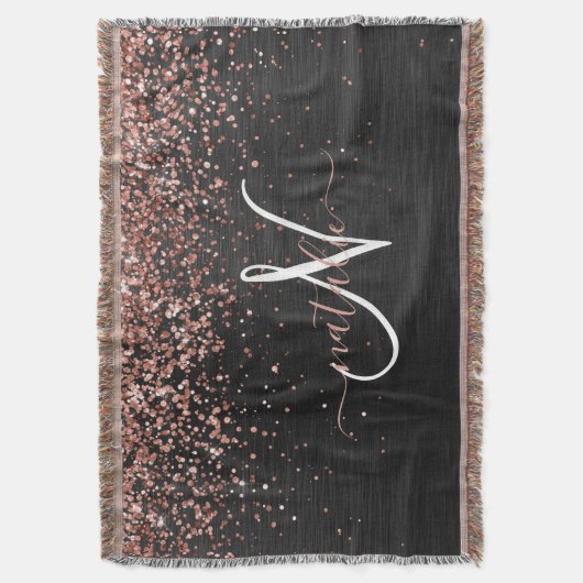 Aangepast Roos Gold Glitter Black Sparkle Monogram Deken (Voorkant Verticaal)