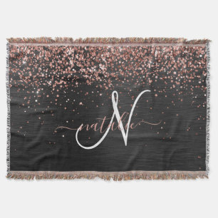 Aangepast Roos Gold Glitter Black Sparkle Monogram Deken