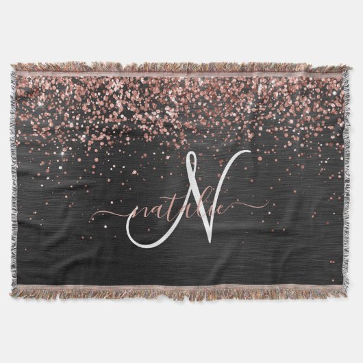 Aangepast Roos Gold Glitter Black Sparkle Monogram Deken (Voorkant)