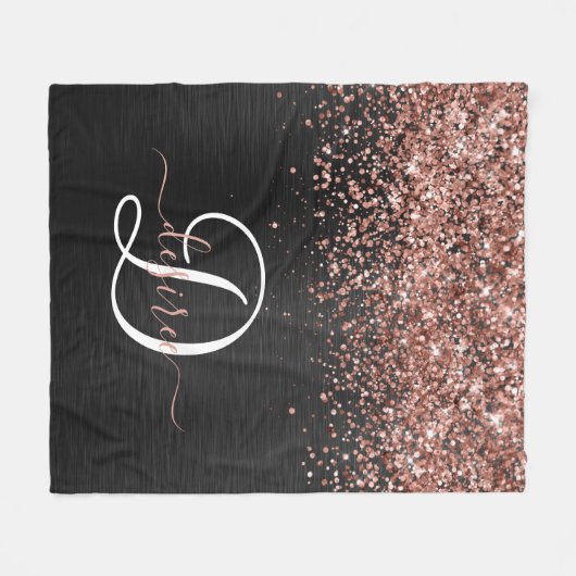 Aangepast Roos Gold Glitter Black Sparkle Monogram Fleece Deken (Voorkant (Horizontaal))