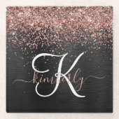 Aangepast Roos Gold Glitter Black Sparkle Monogram Glazen Onderzetter (Voorkant)