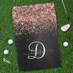 Aangepast Roos Gold Glitter Black Sparkle Monogram Golfhanddoek<br><div class="desc">Pas dit trendy elegante ontwerp van golfhanddoeken met  roos gouden mousserende glitter gemakkelijk aan op een zwarte geborstelde metalen achtergrond.</div>