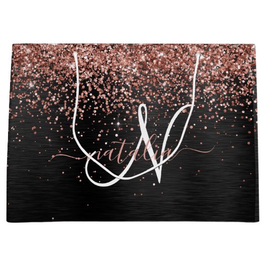 Aangepast Roos Gold Glitter Black Sparkle Monogram Groot Cadeauzakje (Voorkant)