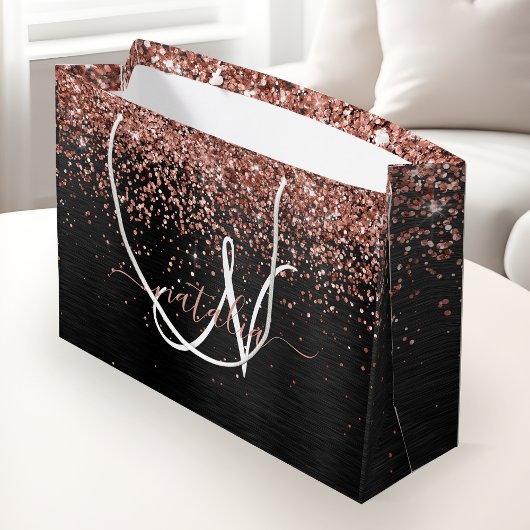 Aangepast Roos Gold Glitter Black Sparkle Monogram Groot Cadeauzakje