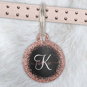 Aangepast Roos Gold Glitter Black Sparkle Monogram Huisdierpenning