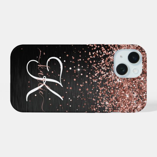 Aangepast Roos Gold Glitter Black Sparkle Monogram iPhone 15 Case (Achterkant horizontaal)