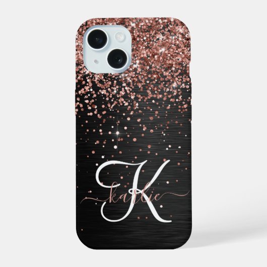 Aangepast Roos Gold Glitter Black Sparkle Monogram iPhone 15 Case (Achterkant)