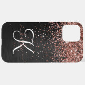 Aangepast Roos Gold Glitter Black Sparkle Monogram iPhone Hoesje (Achterkant horizontaal)