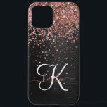 Aangepast Roos Gold Glitter Black Sparkle Monogram iPhone 12 Pro Max Hoesje<br><div class="desc">Pas dit trendy elegante telefoondoosontwerp eenvoudig aan met  roos gouden mousserende glitter op een zwarte geborstelde metalen achtergrond.</div>