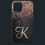 Aangepast Roos Gold Glitter Black Sparkle Monogram iPhone 12 Pro Max Hoesje<br><div class="desc">Pas dit trendy elegante telefoondoosontwerp eenvoudig aan met  roos gouden mousserende glitter op een zwarte geborstelde metalen achtergrond.</div>