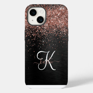 Aangepast Roos Gold Glitter Black Sparkle Monogram iPhone 14 Hoesje