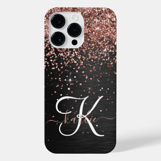 Aangepast Roos Gold Glitter Black Sparkle Monogram iPhone Hoesje (Achterkant)