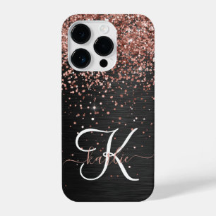 Aangepast Roos Gold Glitter Black Sparkle Monogram iPhone 14 Plus Hoesje