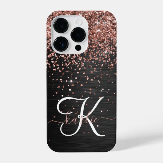 Aangepast Roos Gold Glitter Black Sparkle Monogram iPhone Hoesje (Achterkant)